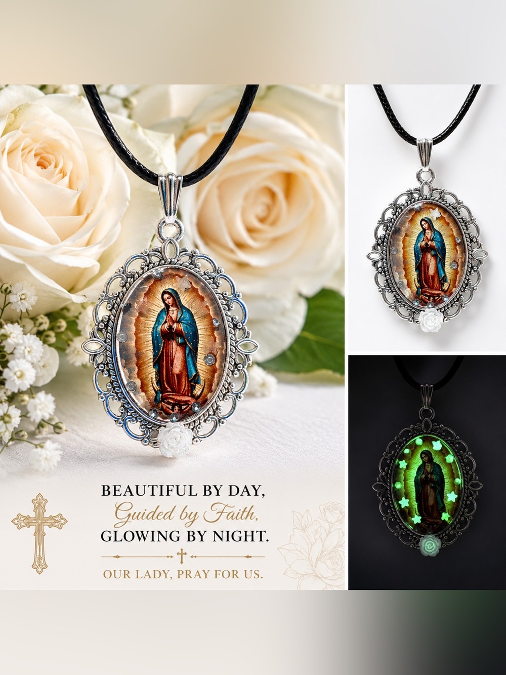 Our Lady Guadalupe Oval Pendant Necklace - Blue & Brown